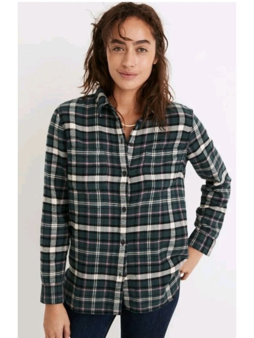 Madewell Flannel CLassic Ex-Boyfriend Shirt Plaid Green Pink Cream Small Cotton